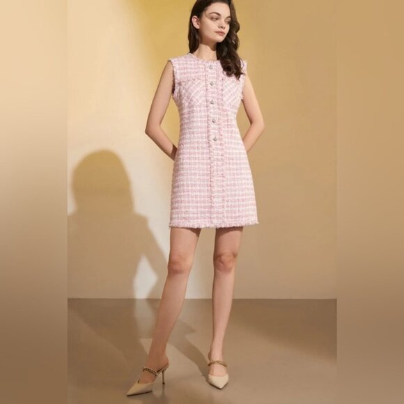 NWT J.ING Jing Pink Tweed Sleeveless Mini Dress - Picture 3 of 12